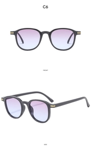 Detail view of matte black square sunglasses with gradient lenses and gold temple accents