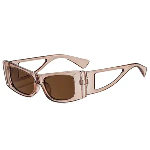 Fashion cat eye sunglasses with hollow geometric temples and transparent champagne frame