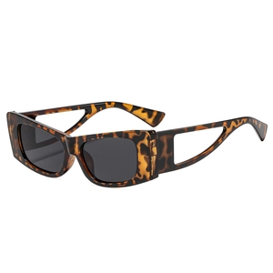 Fashionable leopard print cat eye sunglasses with unique hollow temples on white background