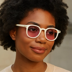 Retro square frame sunglasses in cream beige with red tinted lenses on model