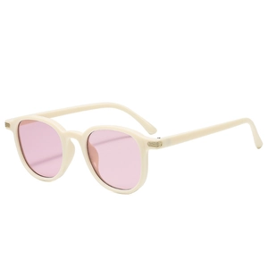 Vintage beige square sunglasses with light pink lenses and gold temple detailing