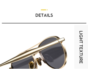 Macro detail of high-quality golden metal frame and light texture of oval sunglasses