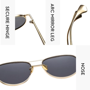 Detailed views of gold frame aviator sunglasses showing secure hinges and ergonomic temple tips