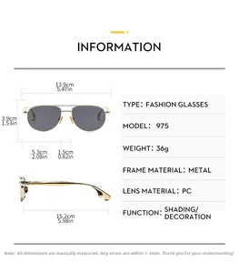 Detailed dimensions of double-bridge oval sunglasses with gold metal frame and PC lenses