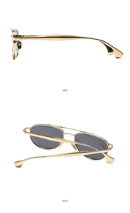 Side and back view of gold double bridge oval sunglasses with gray lenses and slim metal arms