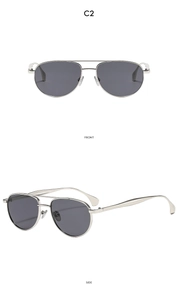 Front and side views of silver double-bridge oval aviator sunglasses with dark lenses