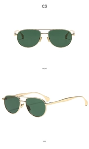 Front and side views of vintage double-bridge oval sunglasses with gold frames