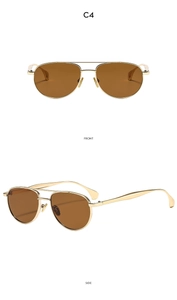 Front and side views of double-bridge oval sunglasses with gold frame and brown lenses