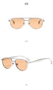 Front and side views of double-bridge oval sunglasses with silver frames and amber lenses
