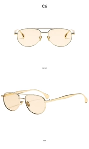 Front and side view of gold aviator sunglasses with dual beam and yellow lenses