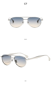 Front and side views of double-bridge oval sunglasses with silver frame and gradient lenses