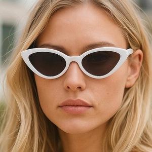 Chic cat-eye sunglasses with white glossy frames and black lenses for women