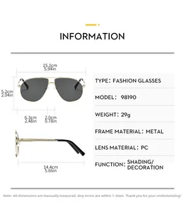 Detailed size chart for pilot sunglasses showing frame width and lens measurements