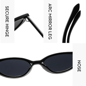 Detail of durable metal hinges and ergonomic curved legs on black cat-eye sunglasses