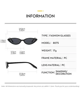 Detailed size chart for retro cat eye sunglasses showing dimensions and PC material specs