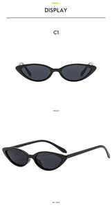 Front and side view of classic black cat-eye sunglasses with narrow retro frame