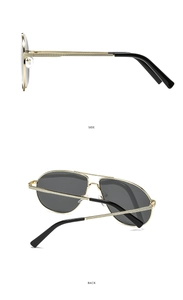 Detail view showing side and back angles of gold metal pilot sunglasses with striped temples