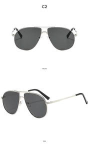 Front and side view of classic silver metal aviator sunglasses with dark grey lenses