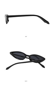 Side and back view of retro black cat eye sunglasses with glossy frame and dark lenses