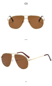 Front and side view of gold metal aviator sunglasses with brown lenses and double bridge