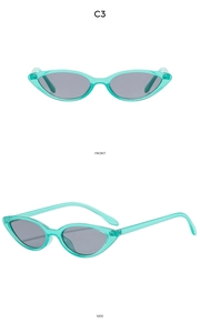 Front and side view of vintage cat-eye sunglasses with translucent mint green frames