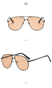 Front and side views of aviator sunglasses with black metal frames and orange lenses