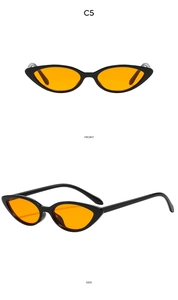 Front and side views of vintage cat-eye sunglasses with black frames and orange lenses