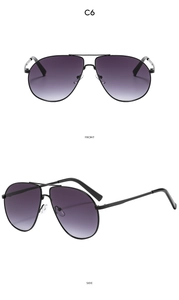 Front and side views of pilot sunglasses with black metal frames and purple gradient lenses
