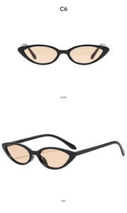 Front and side view of vintage cat-eye sunglasses with black frames and tinted lenses