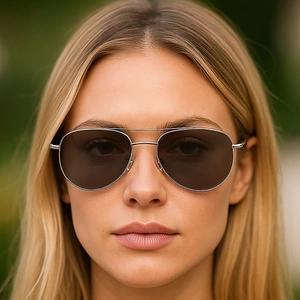 Classic silver metal double bridge oval sunglasses with dark polarized lenses for unisex