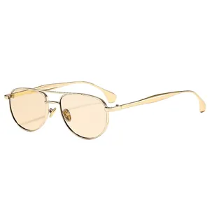 Classic gold metal double bridge aviator sunglasses with yellow polarized lenses