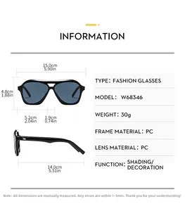 Detailed size chart of vintage pilot sunglasses with PC frame and dimensions in cm