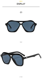 Front and 45-degree side view of pilot-style oversized black sunglasses with blue-grey lenses
