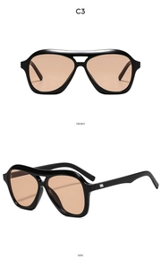 Front and side views of vintage aviator sunglasses with black frame and orange lenses