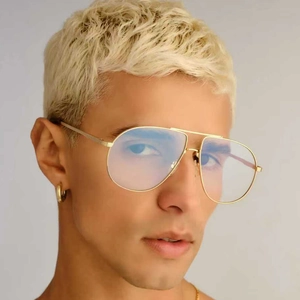 Classic pilot-style sunglasses with gold metal frame and blue reflective lenses for men