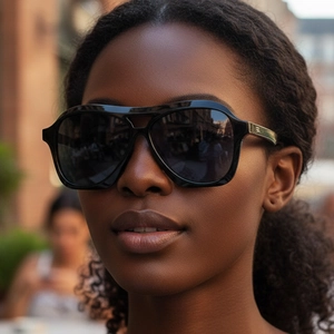 Chic black oversized double-bridge aviator sunglasses for women in a street style look