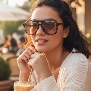 Retro double-bridge pilot sunglasses for women with brown tortoiseshell frames and gradient lenses