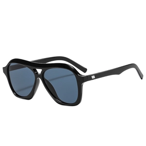 Retro aviator oversized black frame sunglasses with blue lenses and silver metal temple accents