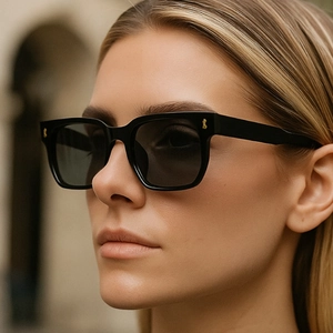 Occhiali da sole quadrati neri con dettagli dorati indossati da una modella elegante