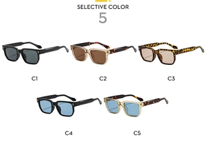 Cinque occhiali da sole rettangolari vintage con borchie dorate in diverse colorazioni