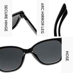 Detail view of reinforced hinges, ergonomic arc legs, and smooth nose pads on black sunglasses