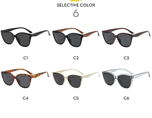 Matrix display of six retro square cat-eye sunglasses in various frame colors and finishes