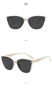 Front and side view of off-white Y2K square sunglasses with dark grey lenses