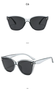 Y2K square cat eye sunglasses in transparent grey with dark lenses, front and side views