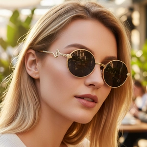 Round Frame Sunglasses Metal Snake Sculpted Temples Vintage Y2K Fashion UV Protection Outdoor Sun Glasses