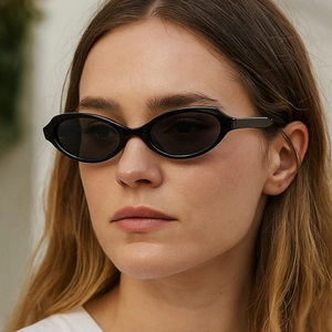 Kleine ovale Retro Katzenaugen Sonnenbrille mit schwarzem Rahmen getragen von einem Model