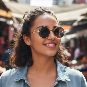 Y2K fashion sunglasses with round metal frames and detailed golden snake temples on model