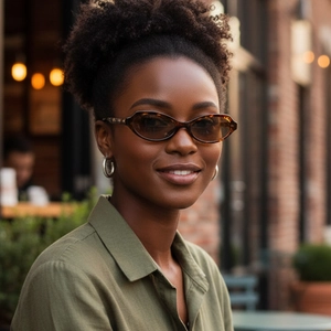 Retro-Oval-Sonnenbrille mit Schildpattmuster, Silberohrringen und olivgrünem Hemd
