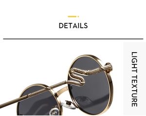 Detail of golden snake texture scales on metallic hinges of round Y2K sunglasses