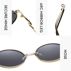 Detail view of reinforced metal hinges and curved temples on gold oval sunglasses